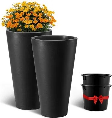 VEVOR Bloempot, Set van 2, Grote Conische Bloempot 590 mm, Modern Design, Efficiënt Drainagesysteem, Bloempot, voor Veranda, Terras, Buiten, Binnen, Zwart