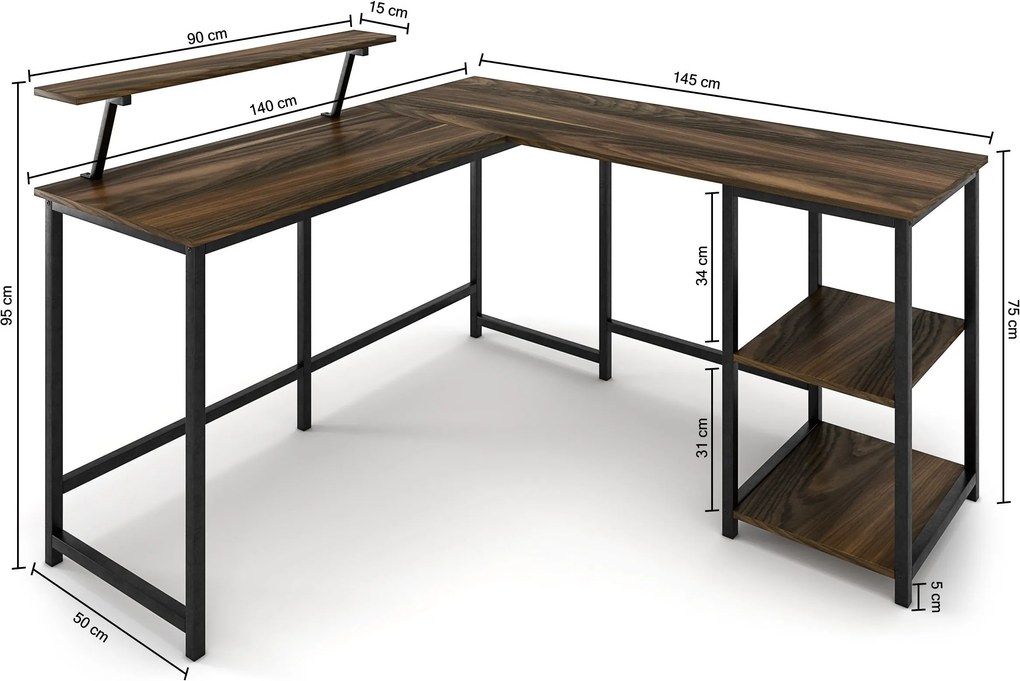 Nancy's Sunnyvale Bureau - Bureaus - Hoekbureau - L-Vormig - Industrieel - Zwart/Bruin - 145 x 140 x 75 cm