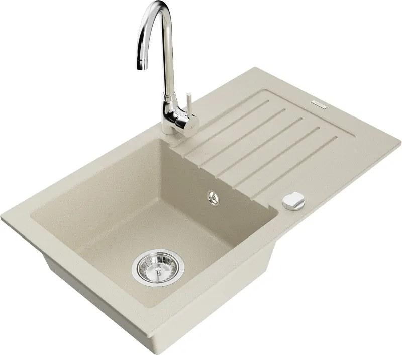 Mexen Pablo granitische spoelbak 1-komorige met druiprek en keukenkraan Telma, beige - 6510-69-670200-00