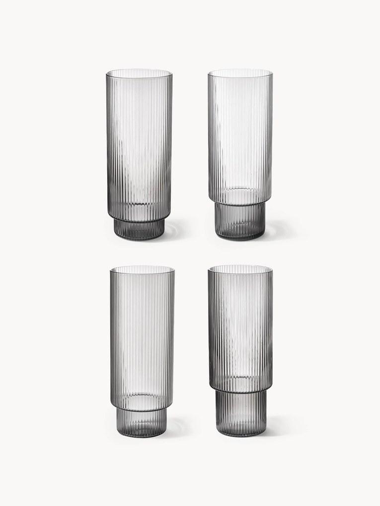 Mondgeblazen longdrinkglazen Ripple met groefreliëf, 4 stuks
