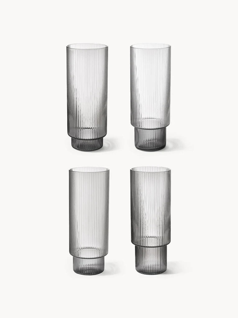 Mondgeblazen longdrinkglazen Ripple met groefreliëf, 4 stuks