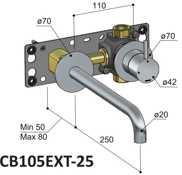 Hotbath Cobber 2-gats inbouw wastafelkraan 25cm geborsteld messing