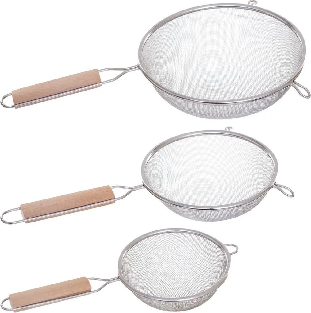 5Five Keukenzeef Set 3 stuks - Inox met houten handvat - Klein, Middel, Groot