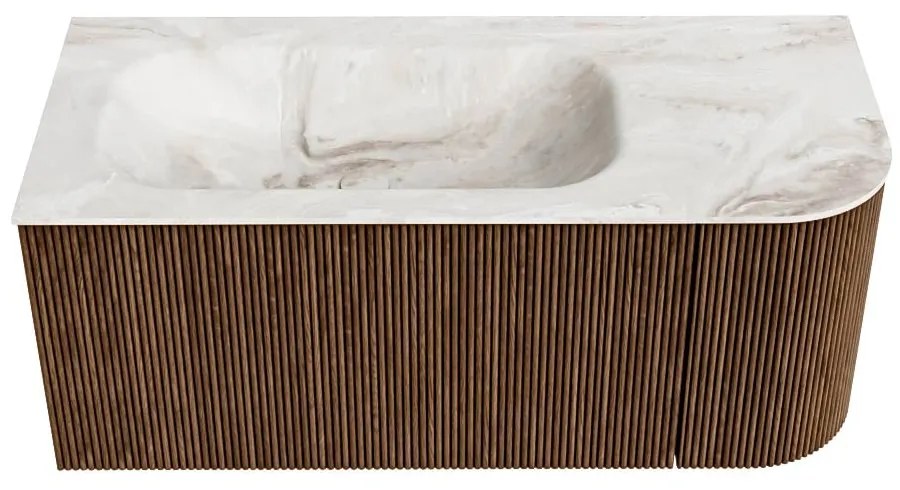 Mondiaz Kurve-dlux 105cm badmeubel ronding rechts walnut met 1 lade en deur en wastafel big small links zonder kraangat frappe