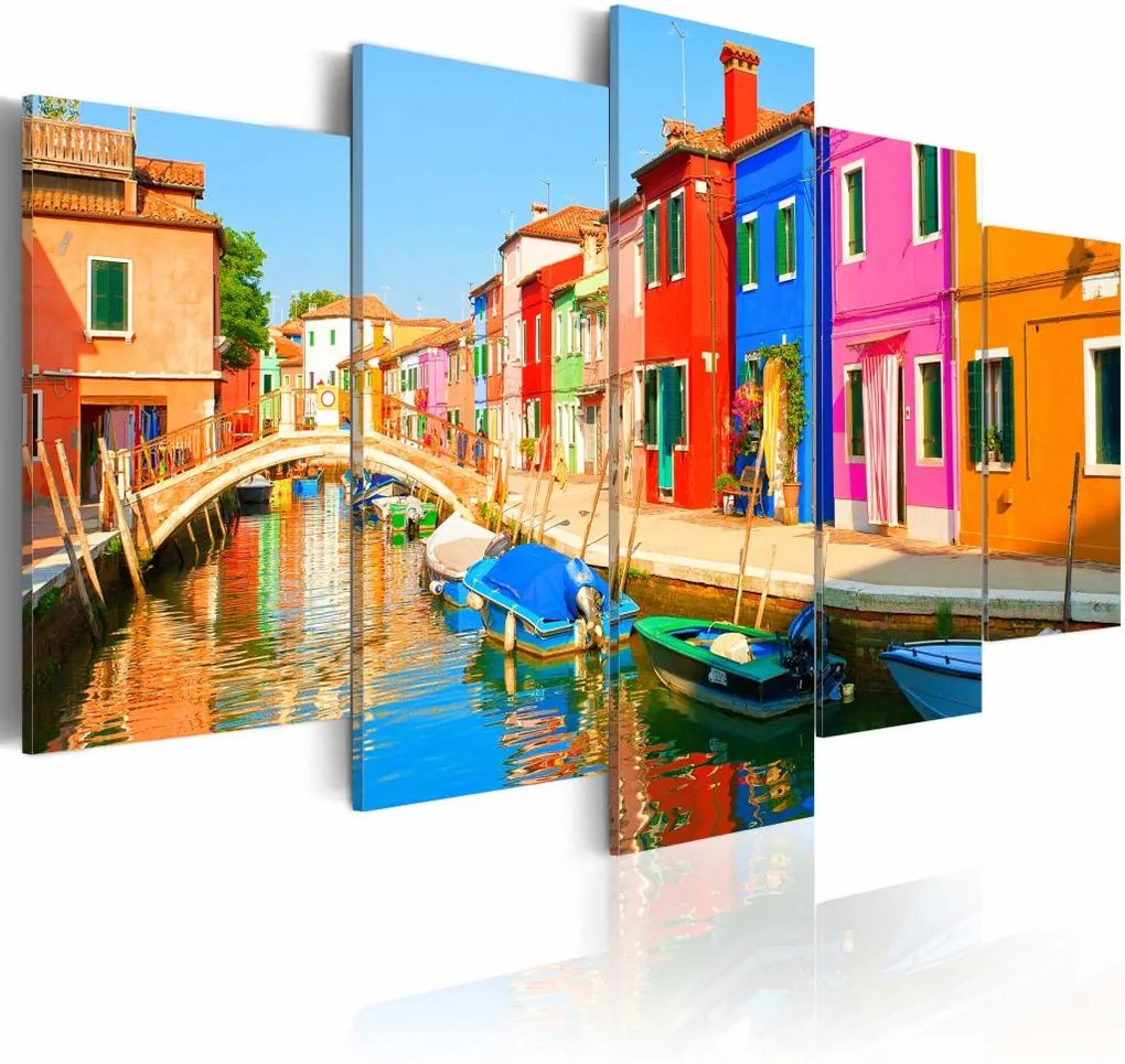 Schilderij - Waterfront in regenboog kleuren, 5luik