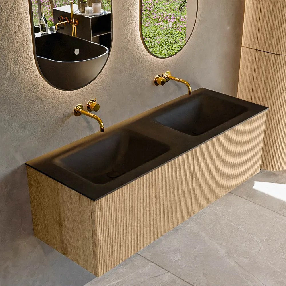 Mondiaz Kurve 130cm badmeubel oak met 2 lades en wastafel cloud dubbel zonder kraangat urban