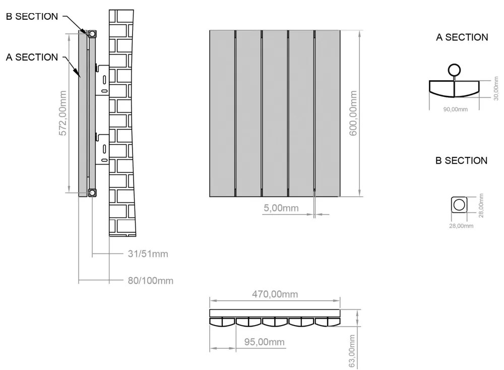 Eastbrook Tordino radiator 45x60cm aluminium 520W grijs mat