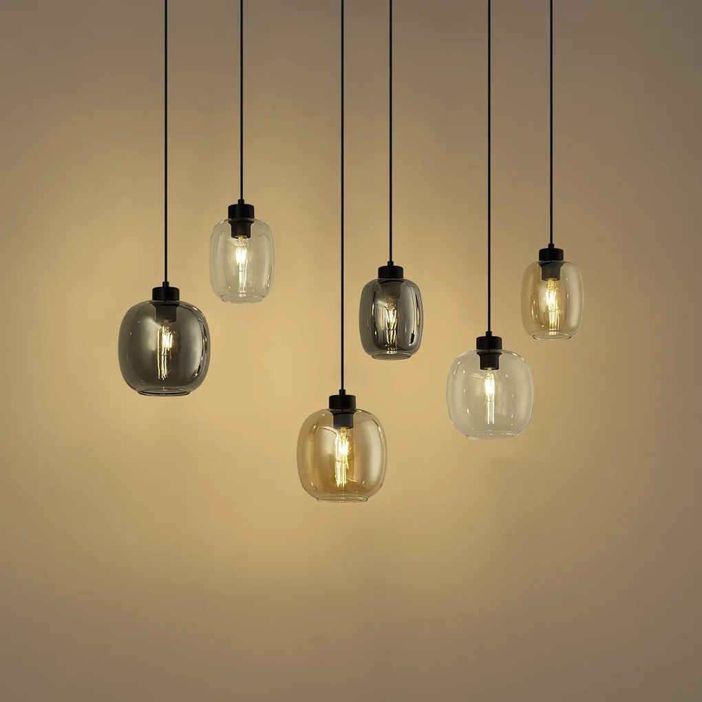 Hanglamp zwart met amber en smoke en helder glas 6-lichts - Elena