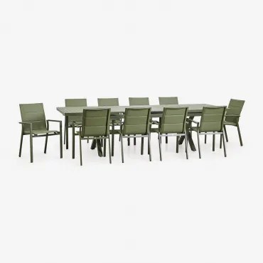 Rechthoekige Uitschuifbare Tafel 240-300x100 Cm En 10 Stapelbare Tuinstoelen Met Armleuningen Van Aluminium Karena Groen – Intens Olijf - Sklum