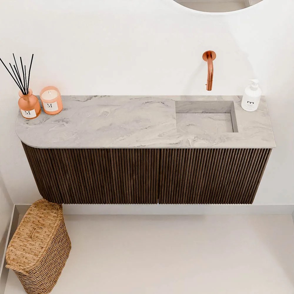 Mondiaz Joya DLux 90cm toiletmeubel ronding links walnut met wastafel faye rechts zonder kraangat glace