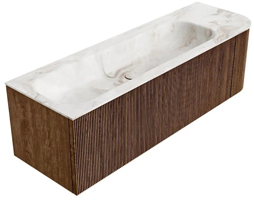 Mondiaz Kurve-dlux 145cm badmeubel ronding rechts walnut met 1 lade en deur en wastafel big large kraangat links frappe