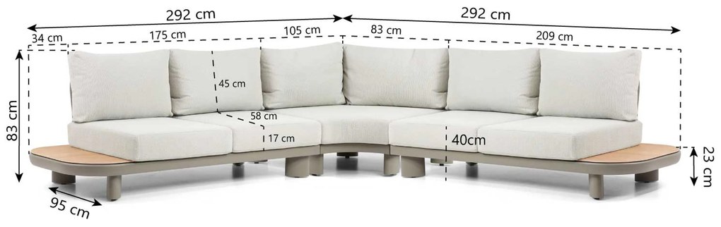 Hoek loungeset 5 personen Aluminium/Rope /Teak Taupe Santika Furniture Santika