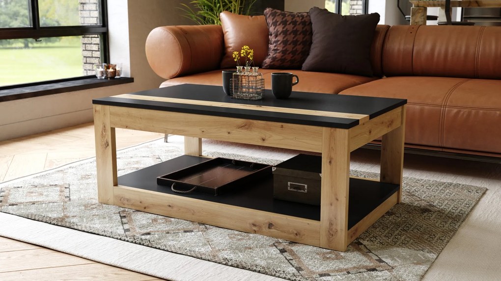 LUSSO Zwart Mat/Artisan Eik - MODERNE SALONTAFEL MET VERHOOGD BLAD + OPBERGRUIMTE + SCHAP (OP WIELEN!)