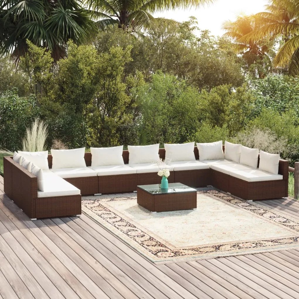 vidaXL 11-delige Loungeset met kussens poly rattan bruin