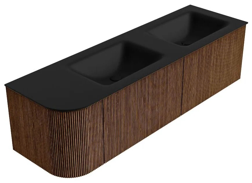 Mondiaz Kurve 155cm badmeubel ronding links walnut met 2 lades en 1 deur en wastafel cloud dubbel/rechts 2 kraangaten urban