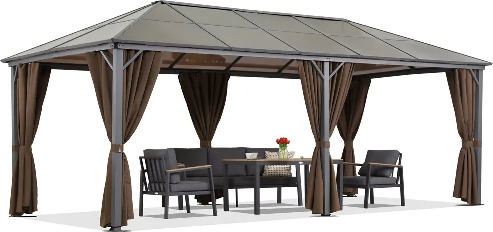 Milos tuinhuisje 3x6m met muggennet en bruine gordijnen Tuinpunt