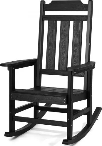 VEVOR Porch Rocking Chair, HIPS Outdoor Rocking Chair, Patio Rocking Chair met hoge rugleuning en soepele armleuningen, ondersteunt tot 180 kg, voor tuin, balkon, veranda, zwart