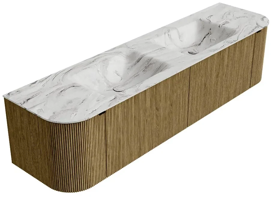 Mondiaz Kurve-dlux 180cm badmeubel ronding links/rechts dusk met 2 lades en deuren en wastafel leaf dubbel zonder kraangat glace