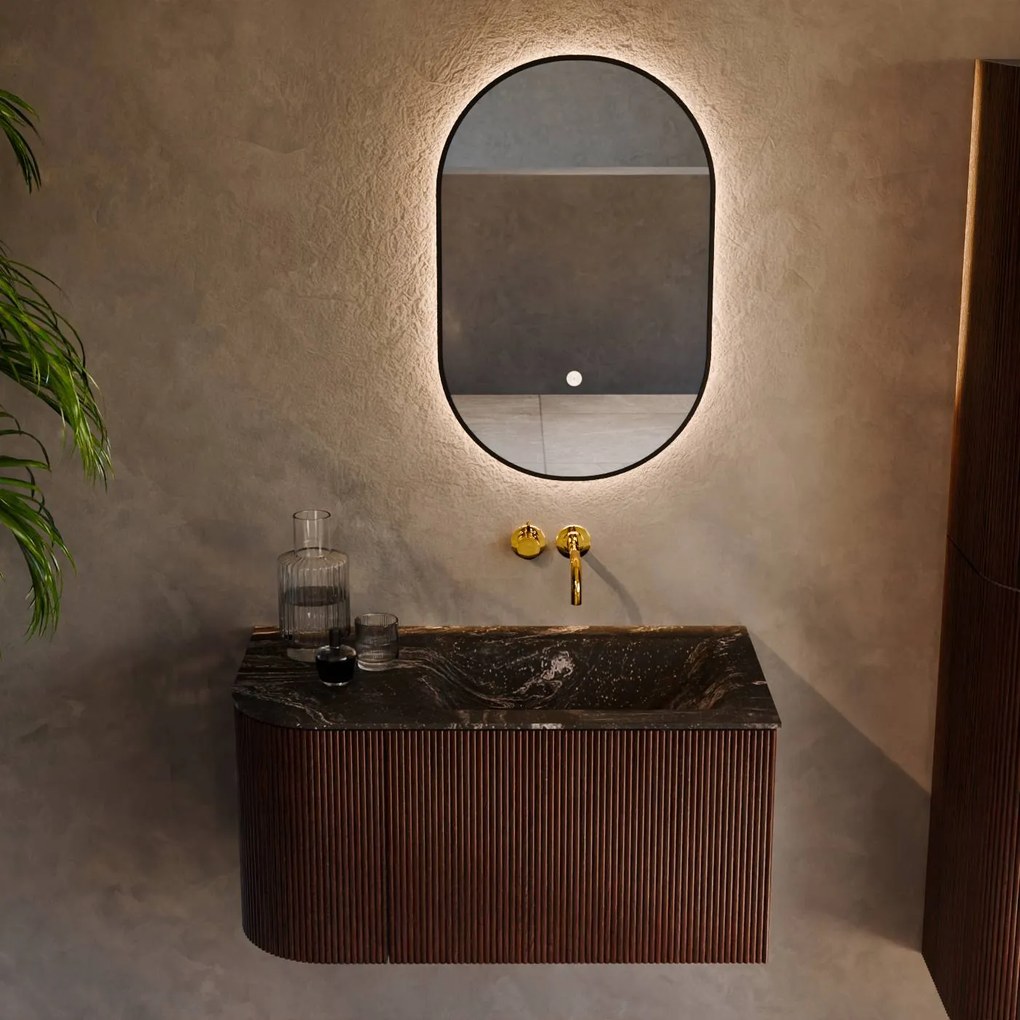 Mondiaz Kurve-dlux 85cm badmeubel ronding links ruby met 1 lade en deur en wastafel cloud rechts zonder kraangat lava