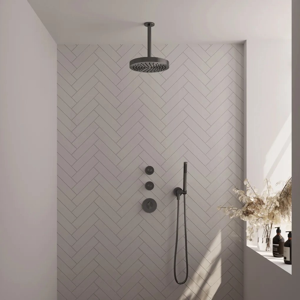 Brauer Stripe inbouw regendouche met 25cm hoofddouche, plafondarm en staafhanddouche set 3 gunmetal geborsteld PVD