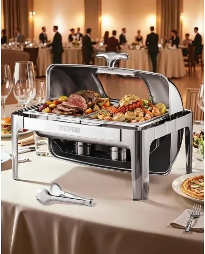 VEVOR Chafing Dish Set RVS Voedselwarmer met 2 Half-Size Pannen (3,9 L), Rechthoekige Warmtedispenser met Zichtbaar Deksel & Waterpanstandaard & Brandpastahouder, voor Feesten Zilver