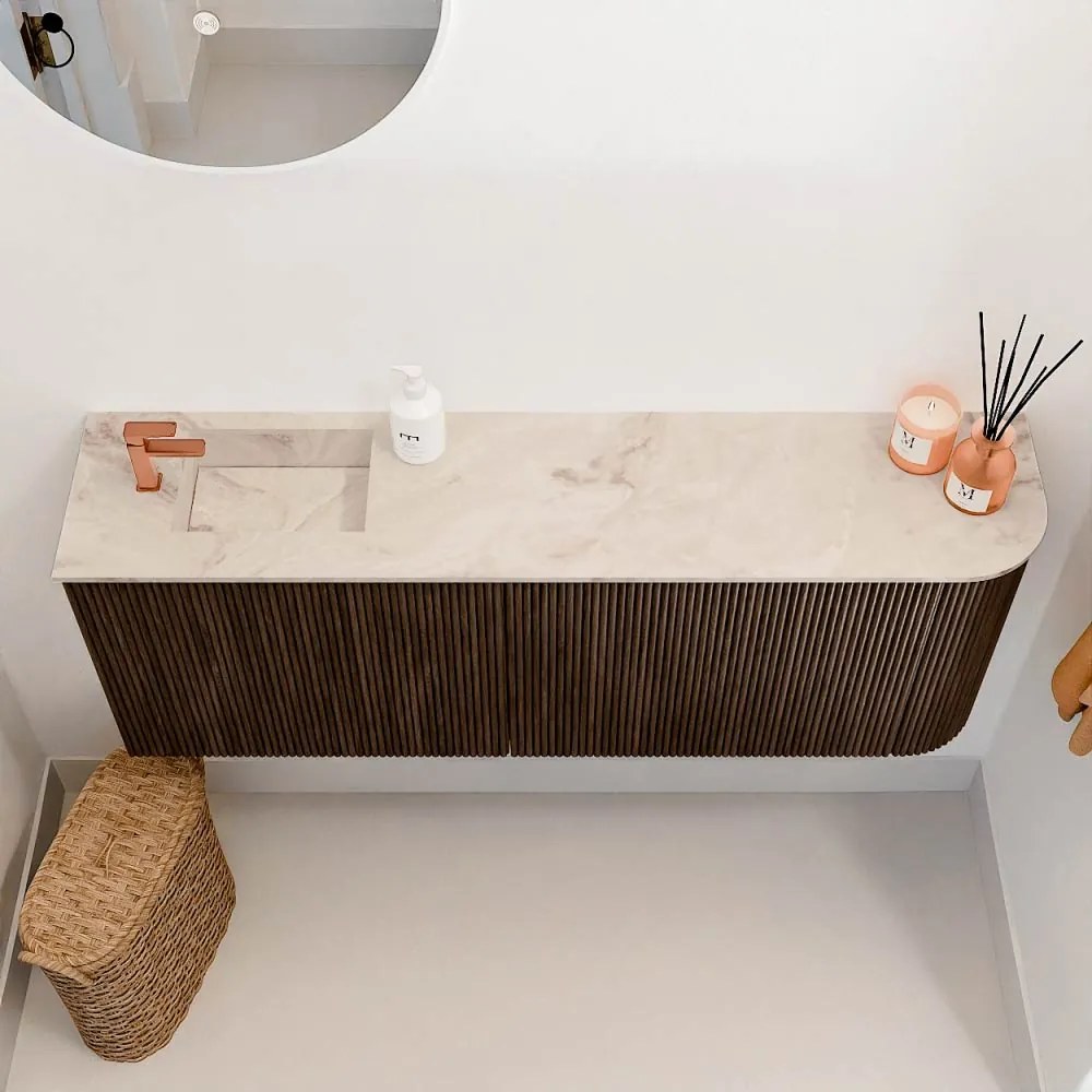 Mondiaz Joya DLux 110cm toiletmeubel ronding rechts walnut met wastafel faye links 1 kraangat frappe