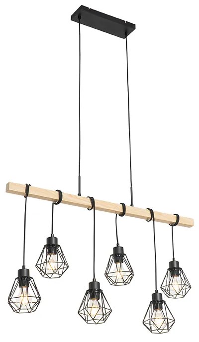 Eettafel / Eetkamer Landelijke hanglamp zwart met hout 6-lichts - Chon Landelijk E27 Binnenverlichting Lamp