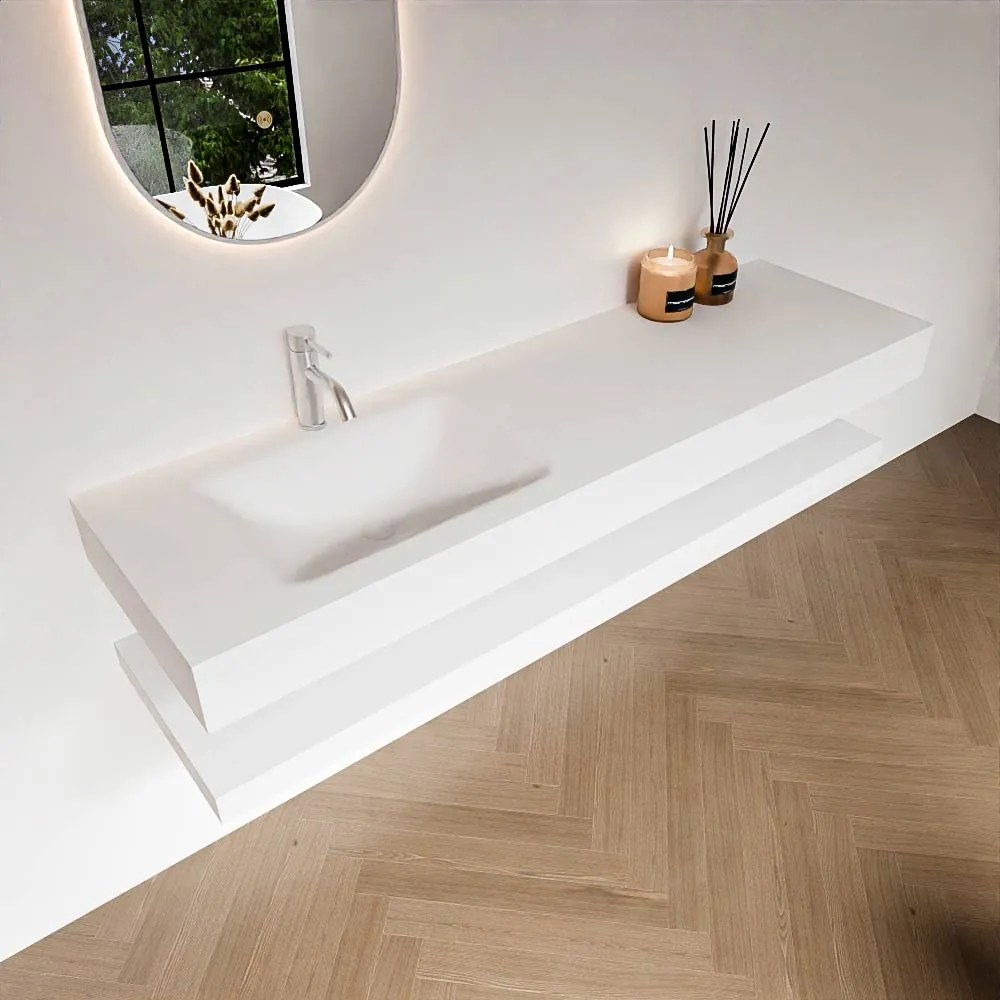 Zaro Alan badmeubel 160cm met planchet talc en vrijhangende wastafel cloud links 1 kraangat talc