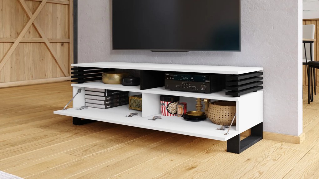 GOKEE RTV-145 Wit Mat/Zwart Mat - MODERNE KAST VOOR ONDER DE TELEVISIE MET LAMELLEN