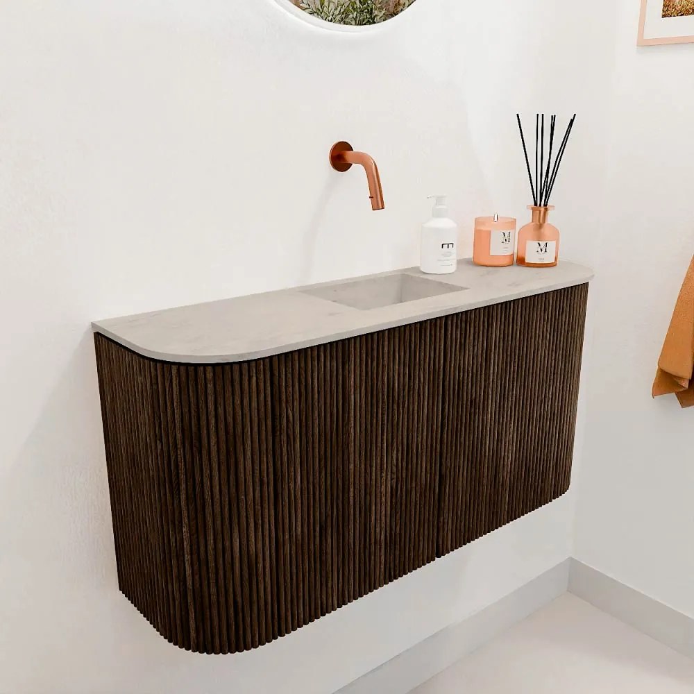 Mondiaz Joya DLux 85cm toiletmeubel ronding links/rechts walnut met wastafel faye midden zonder kraangat opalo