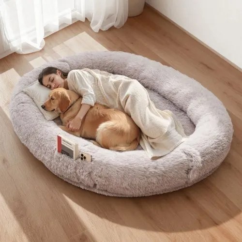VEVOR Hondenmand voor mens en hond, 176x122x24 cm, Hondenmand van traagschuim op mensenformaat, met zijvak, handvat en ritssluiting, afneembare, machinewasbare hoes, hoogpolig, grijs