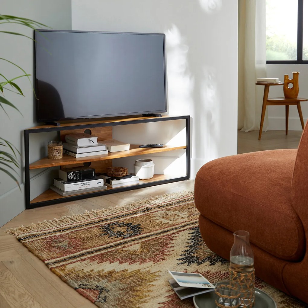 Hoek-tv-meubel van massief eiken en staal, HIBA