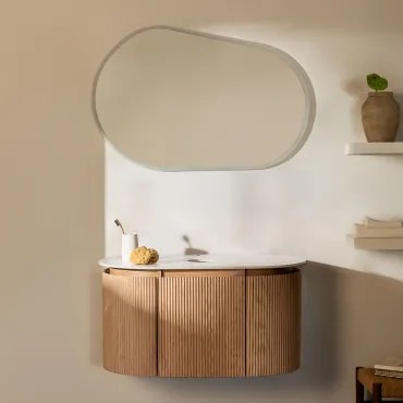 Carsone Houten Badkamermeubelset Natuurlijk Hout & Zonder Extra Eenheid & Without Sink & Ovaal Led En Anticondens 100x80 Cm Meunier & Zonder Kraan -