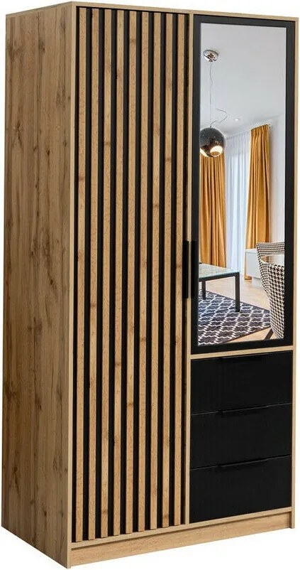 Kledingkast Enolevo 112, Zwart, Wotan eik, 200x100x58cm, Kledingkast deuren: Met scharnieren, Aantal planken: 4, Aantal planken: 4