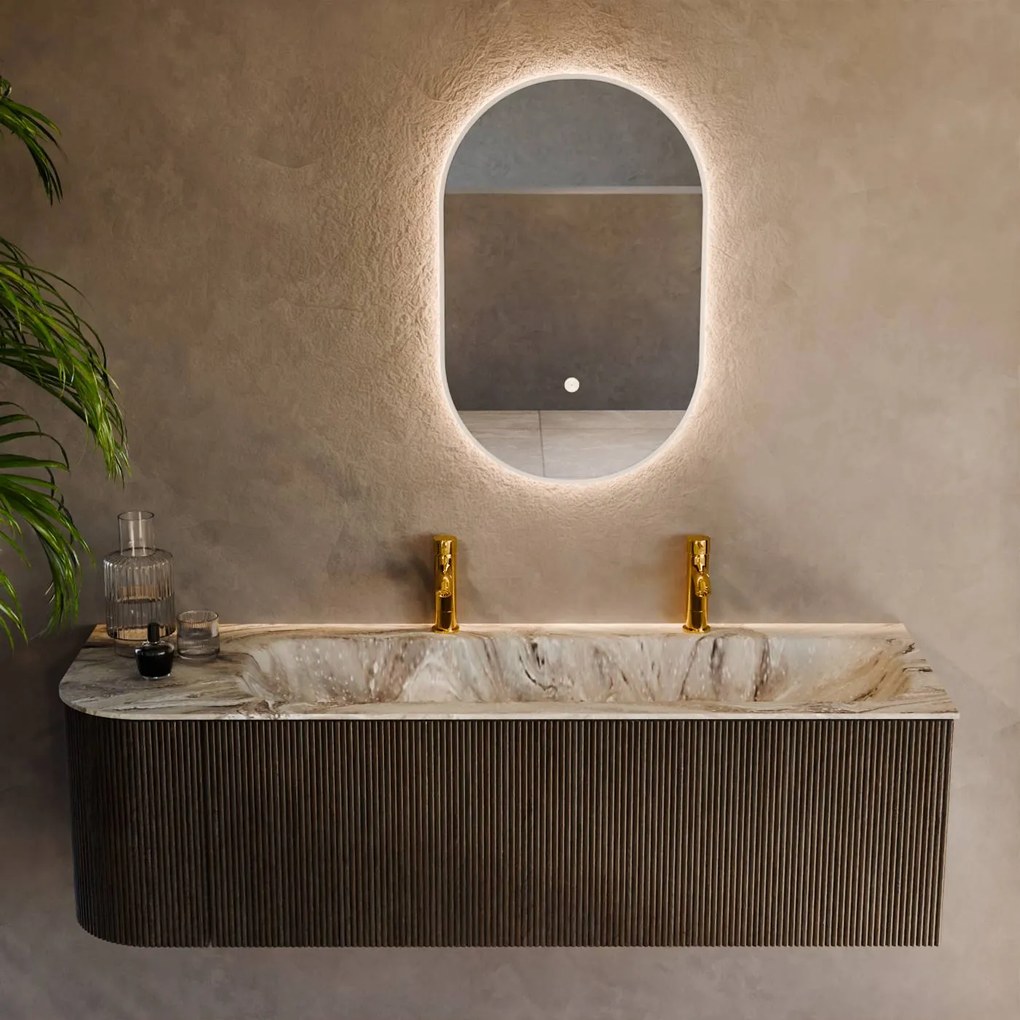 Mondiaz Kurve-dlux 145cm badmeubel ronding links shadow met 1 lade en deur en wastafel big large rechts 2 kraangaten glace