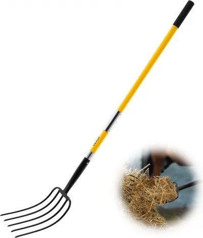 VEVOR Mestvork 1450 mm, 5-puntige hooivork met glasvezelsteel, mestvork, mestvork, tuinvork, gesmede stalen spitvork voor hooi, aardappelcompostering, verplanten en beluchting