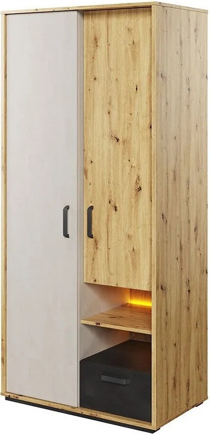 Kledingkast Orlveno 121, Zwart, Artisan eiken, Grijs, 195x90x52cm, Kledingkast deuren: Met scharnieren, Aantal planken: 6, Aantal planken: 6