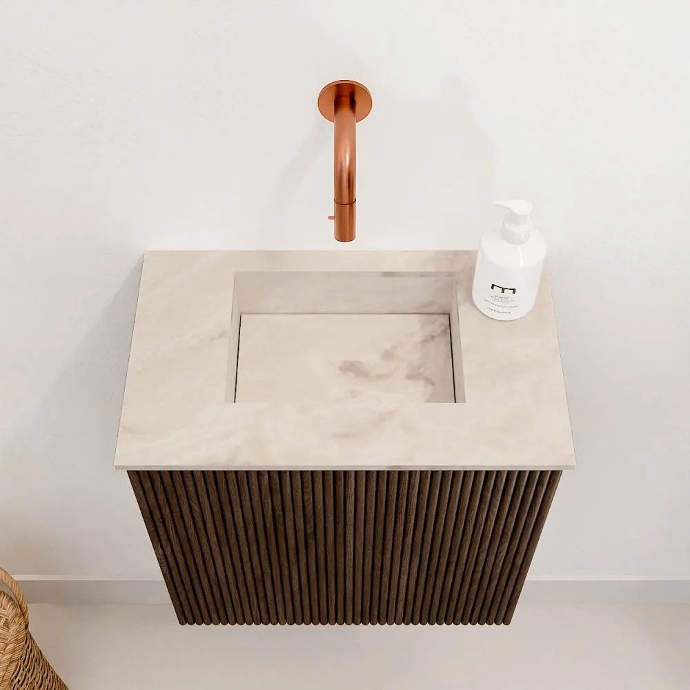 Mondiaz Joya DLux 40cm toiletmeubel walnut met wastafel faye midden zonder kraangat frappe