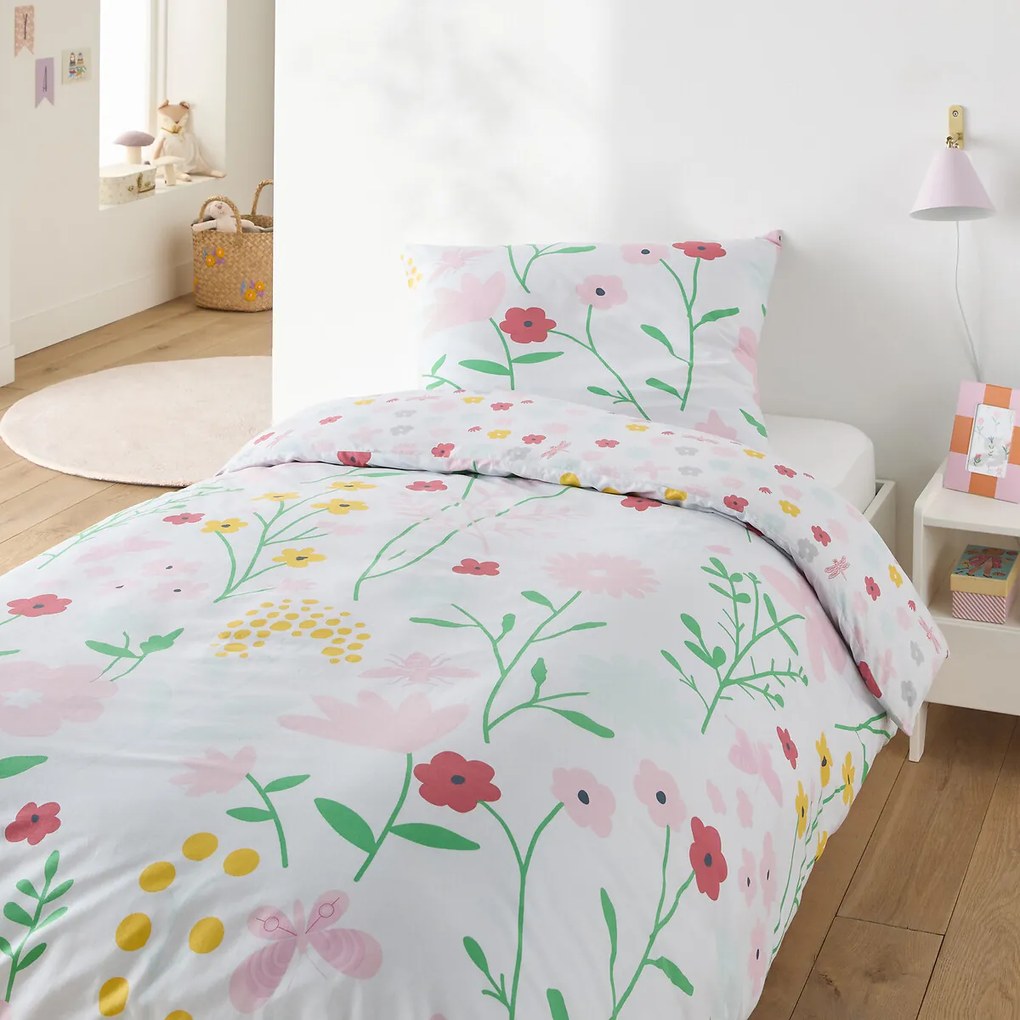 Bedset voor kinderbed in katoen, rechthoekige kussensloop.Fleurs