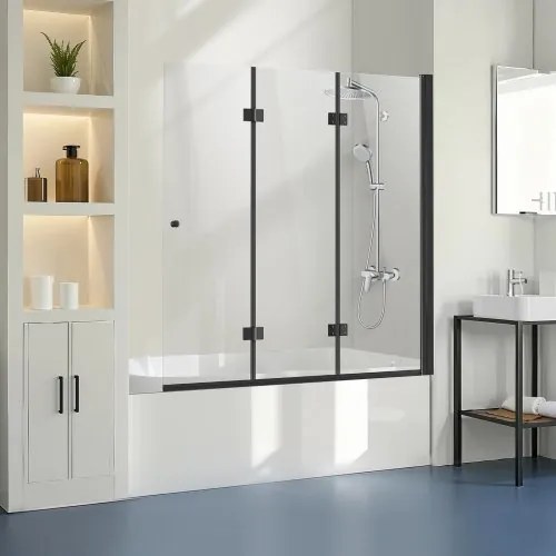 VEVOR Badkuip Douchedeur (1295 x 1422 mm / B x H) Frameloze, scharnierende vouwdouchedeur, drievoudig gevouwen glazen douchedeur met 180° draaifunctie, voor badkuip, zwart