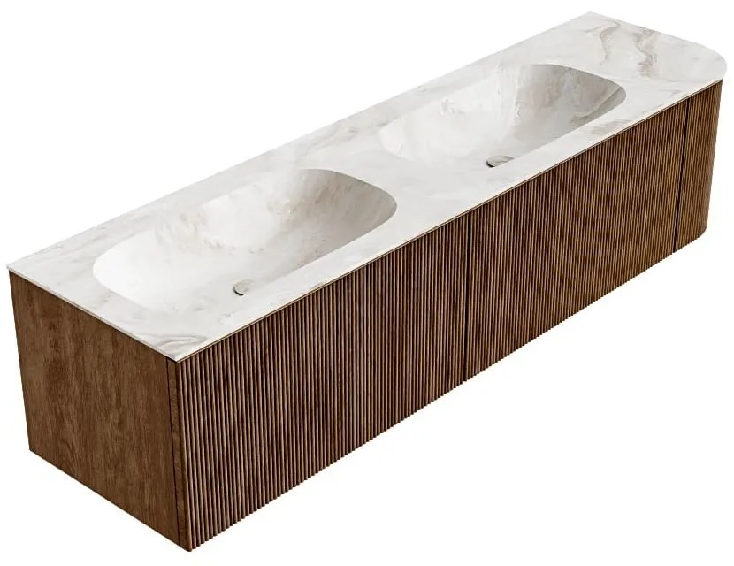 Mondiaz Kurve-dlux 175cm badmeubel ronding rechts walnut met 2 lades en 1 deur en wastafel stor small dubbel/links zonder kraangat frappe