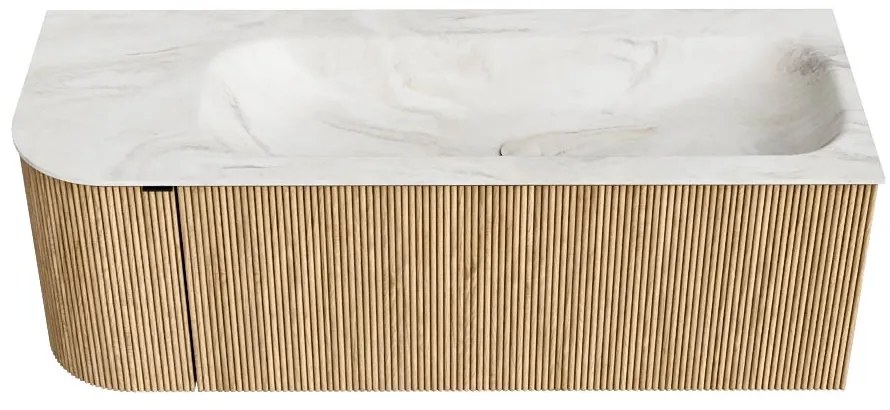 Mondiaz Kurve-dlux 125cm badmeubel ronding links oak met 1 lade en deur en wastafel big medium rechts zonder kraangat ostra
