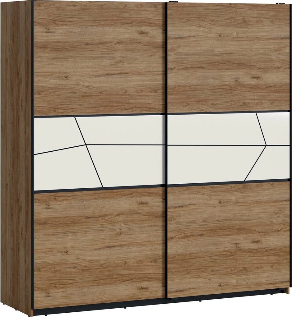 Kledingkast Ruvmela 112, Glanzend wit, Zwart, Catania eiken, 209x197x61cm, 203 kg, Kledingkast deuren: Schuivend