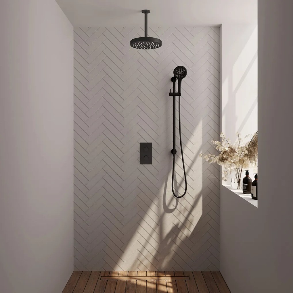Brauer Stripe inbouw regendouche met 25cm hoofddouche, met plafondarm, glijstang en 3 standen handdouche set 24 zwart mat