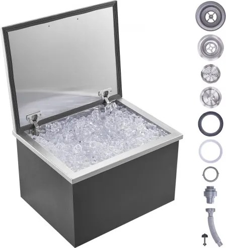 VEVOR Drop-in ijsbox, 44,24 L roestvrijstalen ijskoeler, 507 x 407 x 333 mm commerciële ijscontainer met scharnierend deksel, ingebouwde ijsopslagkist, afvoerpijp en afvoerplug inbegrepen