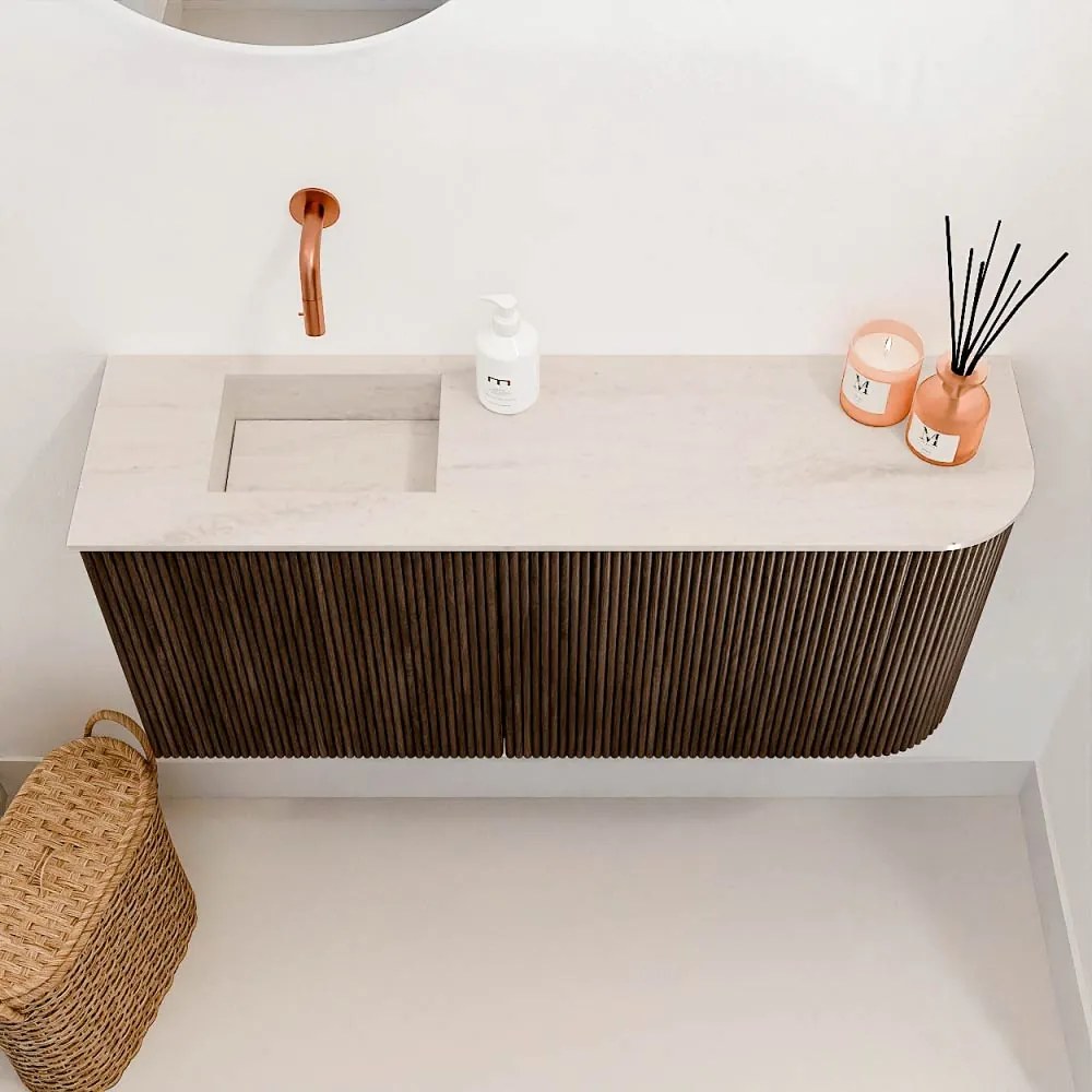 Mondiaz Joya DLux 90cm toiletmeubel ronding rechts walnut met wastafel faye links zonder kraangat meli
