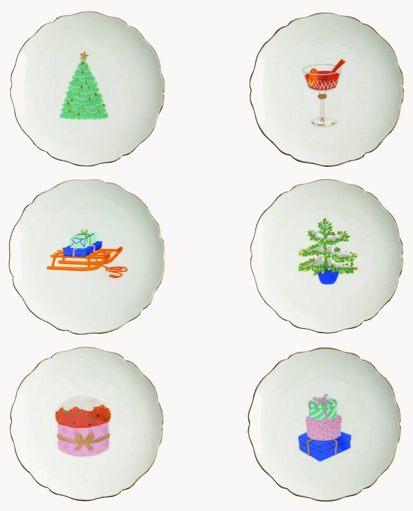 Handbeschilderde taartplaatjes Feast met kerstmotief, 6-delig