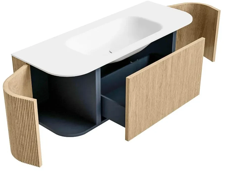 Mondiaz Kurve 120cm badmeubel ronding links/rechts oak met 1 lade en 2 deuren en wastafel big small midden zonder kraangat