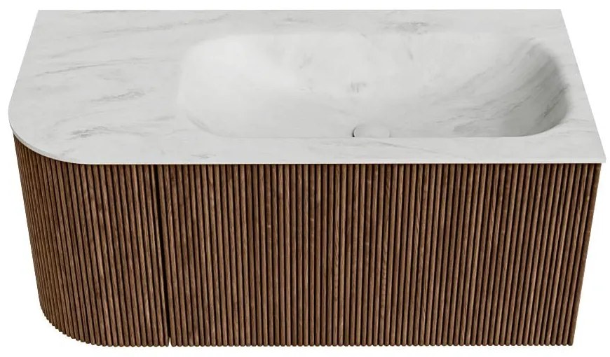 Mondiaz Kurve-dlux 95cm badmeubel ronding links walnut met 1 lade en deur en wastafel big small rechts zonder kraangat opalo