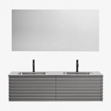 Noura Zwevend Houten Badkamermeubelset Met Geïntegreerde Wastafels Grijs – Nikkel & Rectangular Led And Antifog 160x75 Cm Riben & - Sklum
